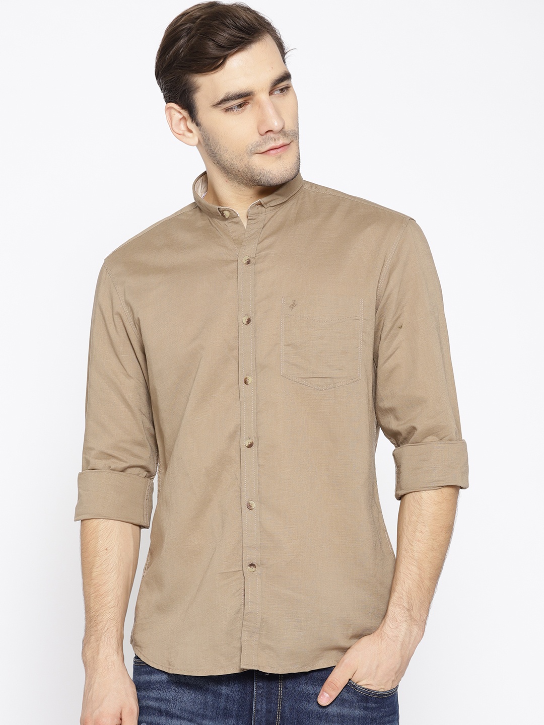 

John Players Men Beige Trim Fit Solid Casual Shirt