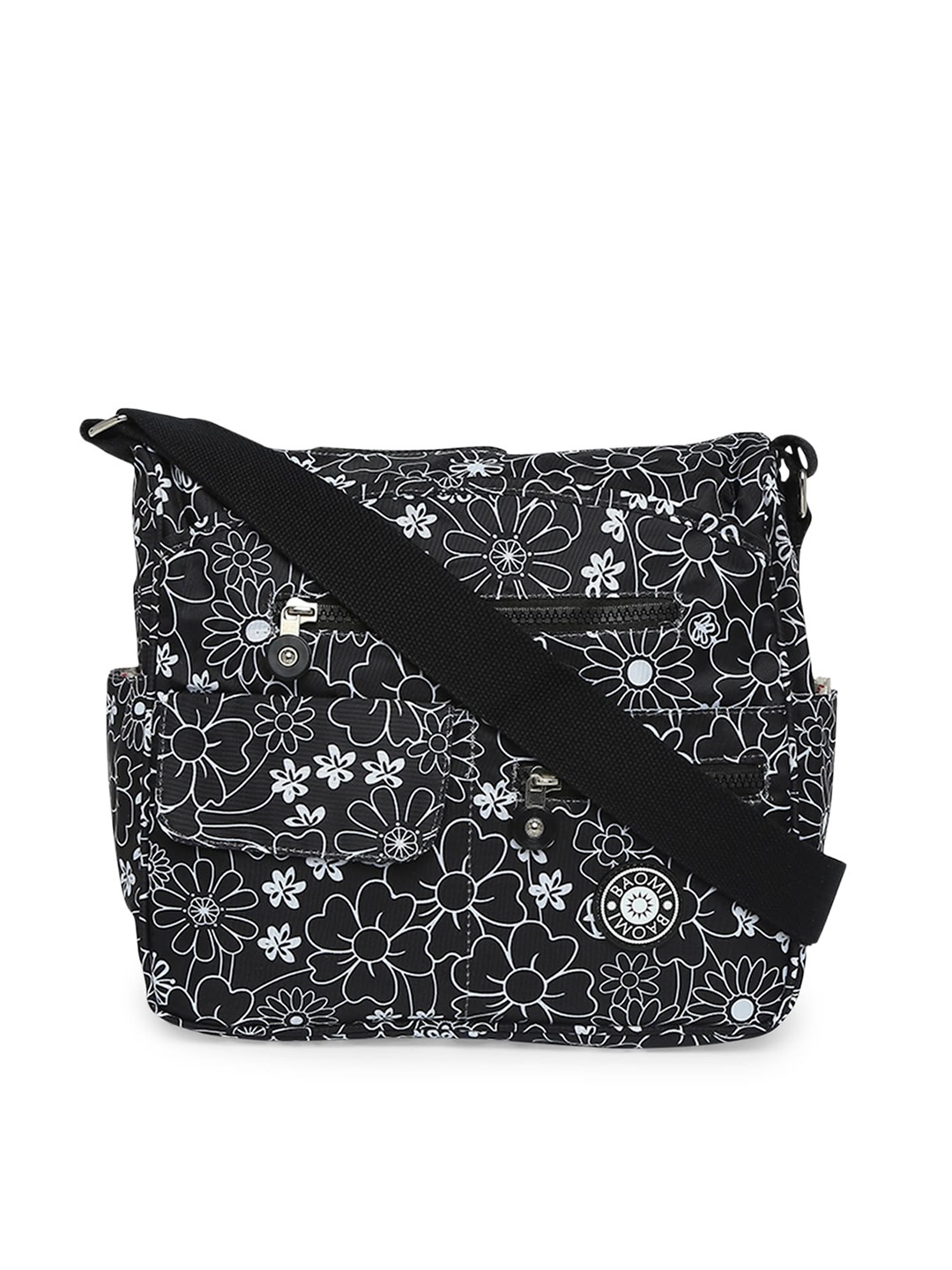 

BAOMI Black & White Floral Printed Nylon Messenger Bag
