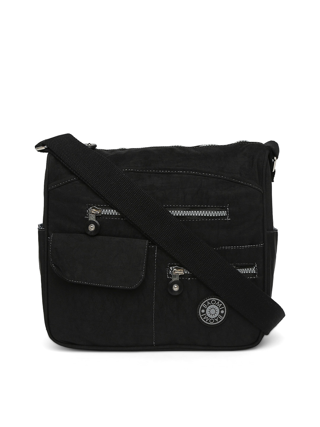 

BAOMI Black Structured Sling Bag with Applique
