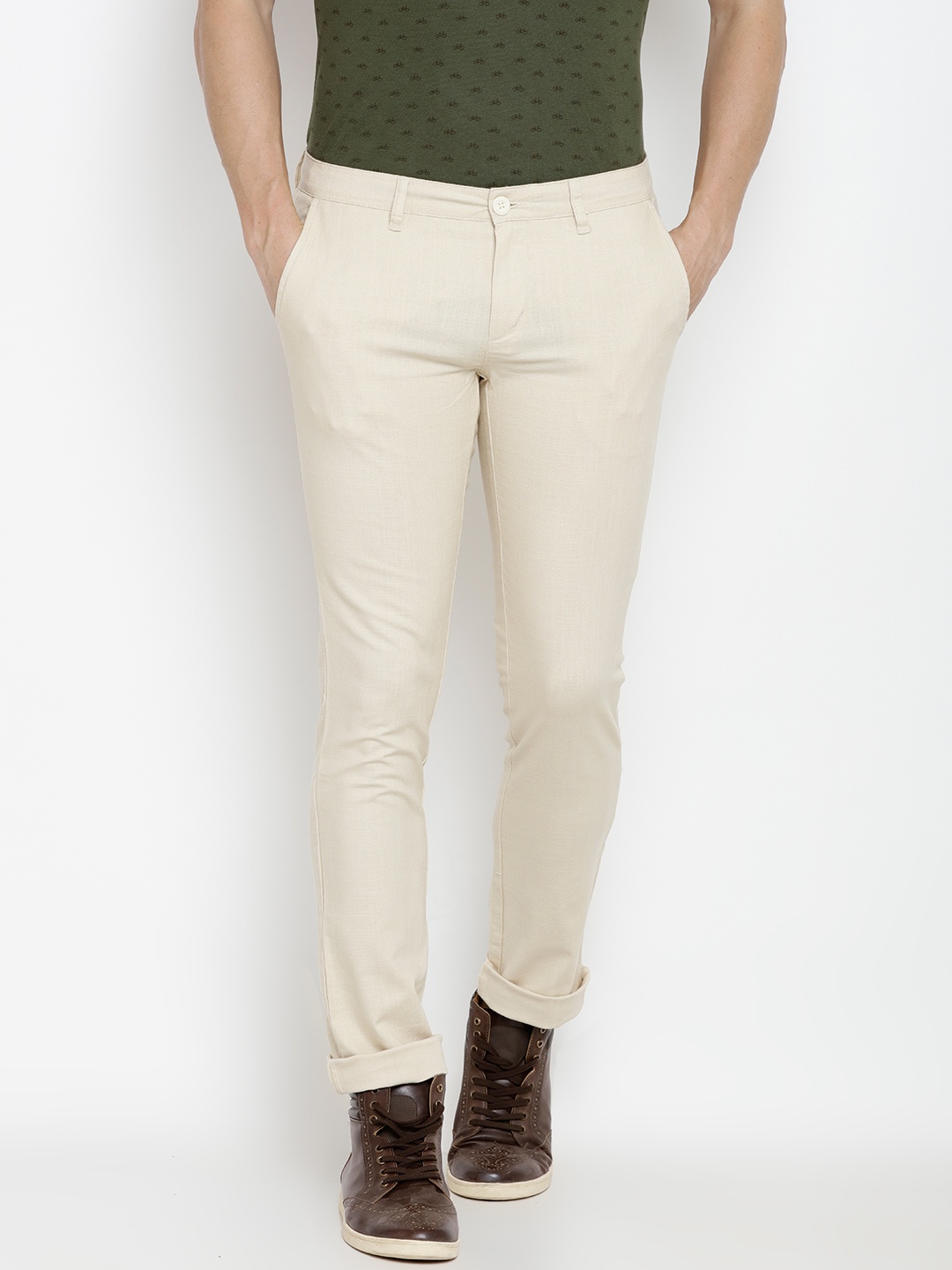 

John Players Men Cream-Coloured Skinny Fit Solid Casual Trousers