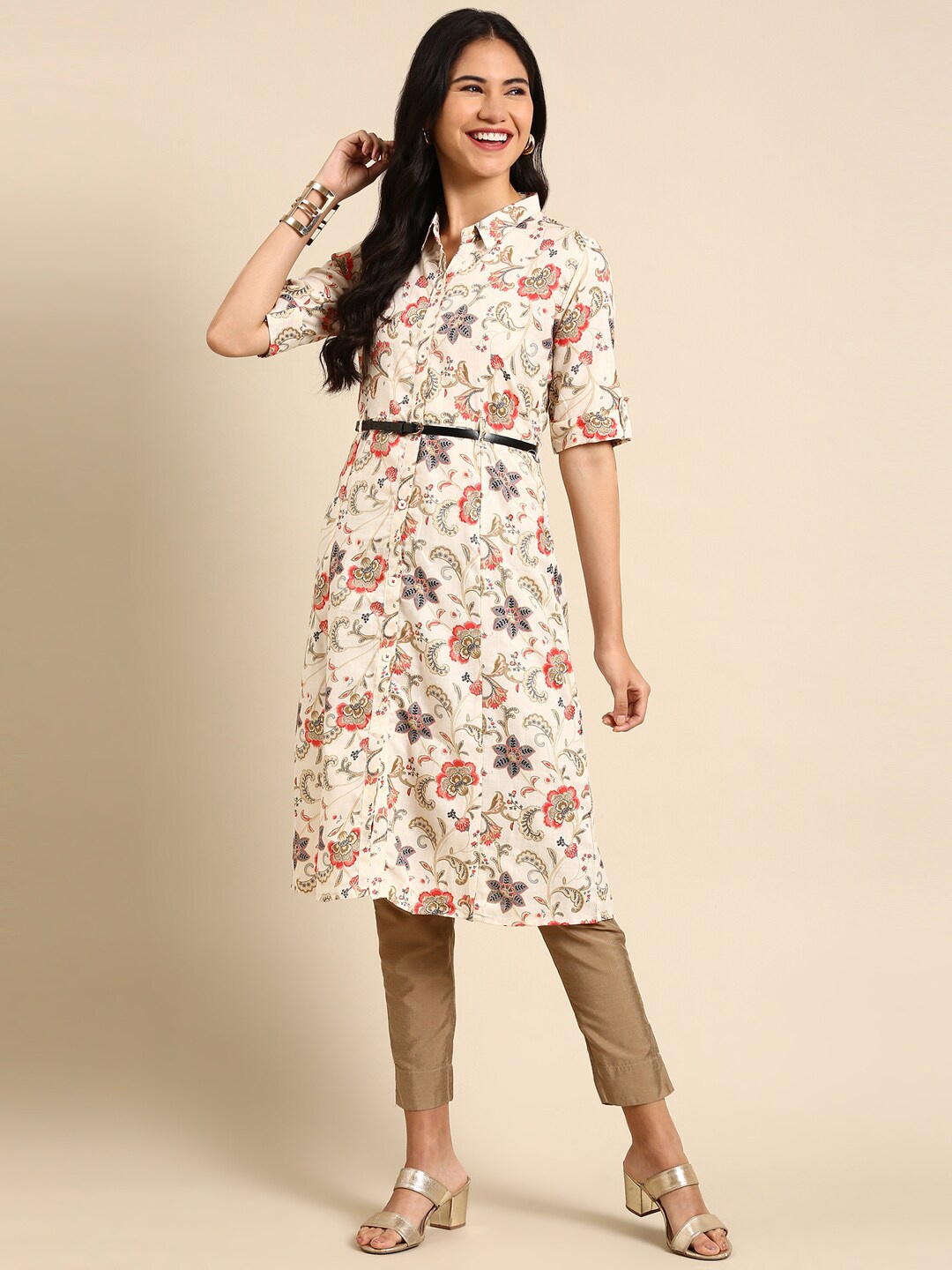 

SHOWOFF Shirt Collar Floral Printed Belted Detail Cotton Kurta, Beige