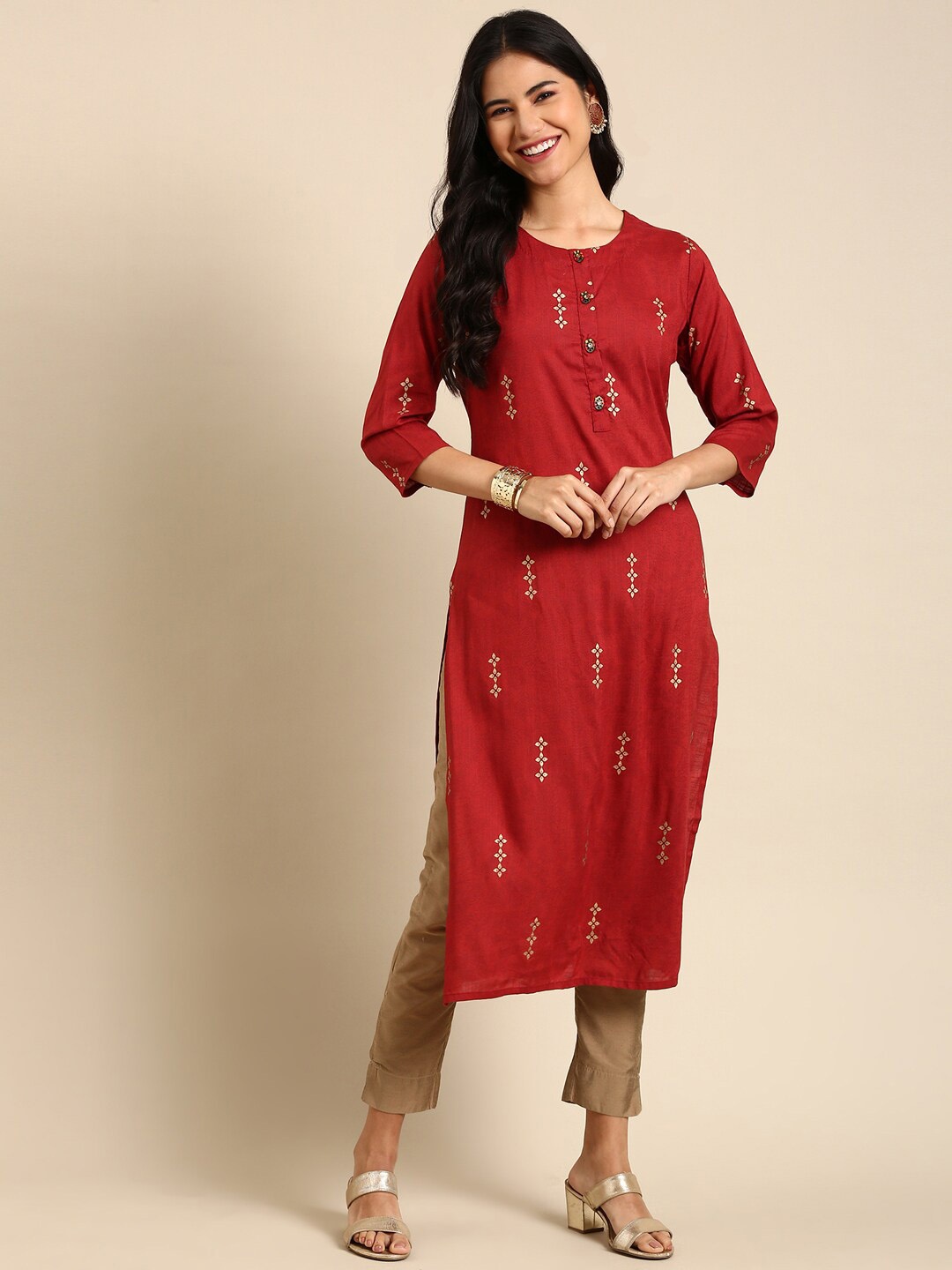 

SHOWOFF Women Maroon Chanderi Silk Kurta