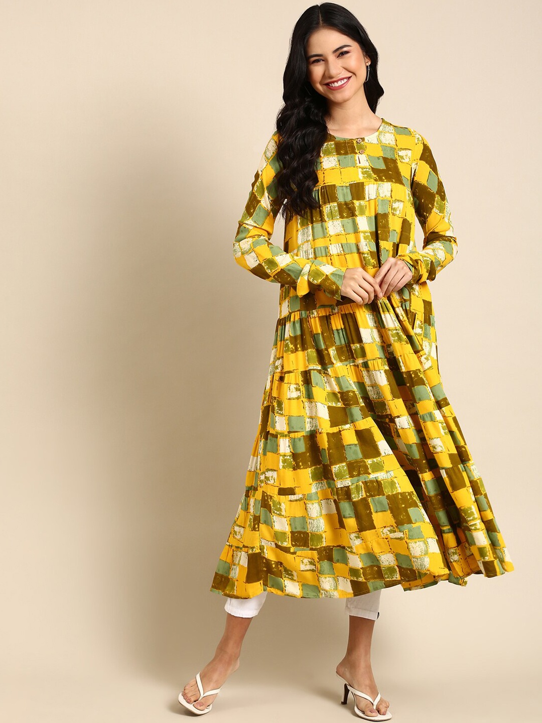 

SHOWOFF Printed Tiering Cotton Kurta, Yellow