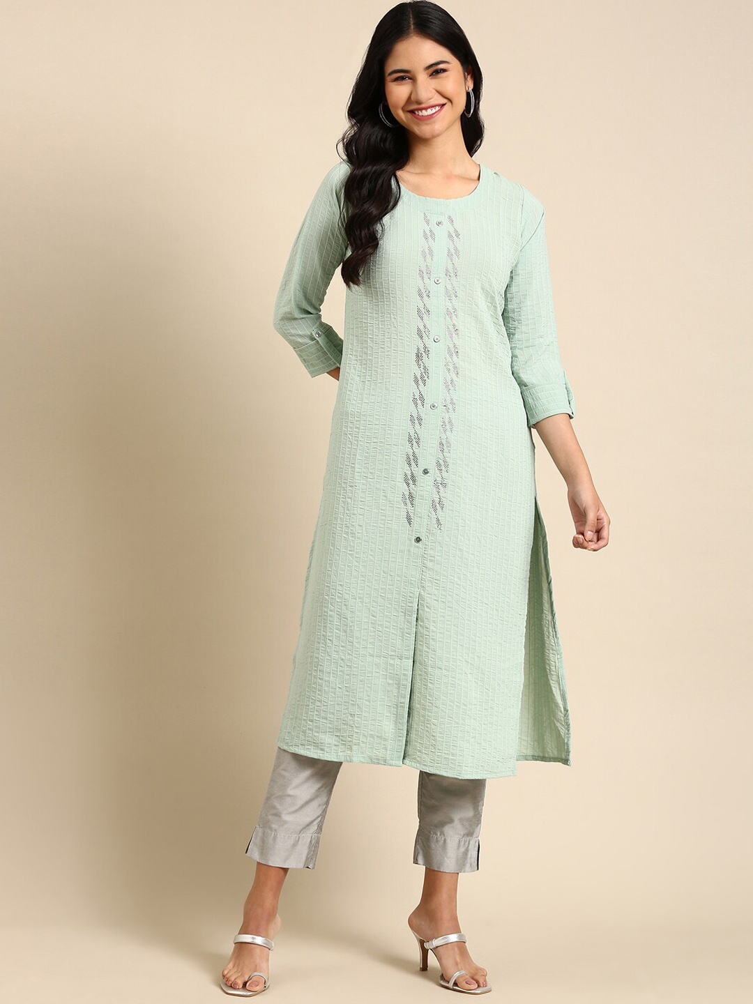 

SHOWOFF Women Sea Green Striped Georgette Kurta