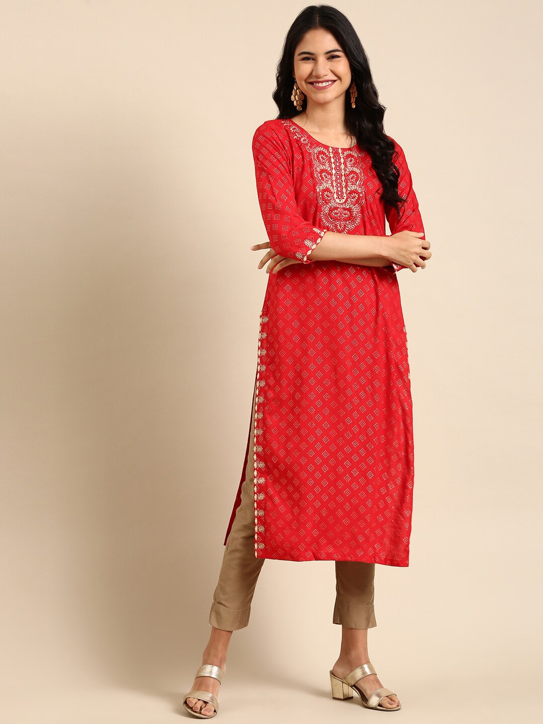 

SHOWOFF Women Red Geometric Printed Kurta