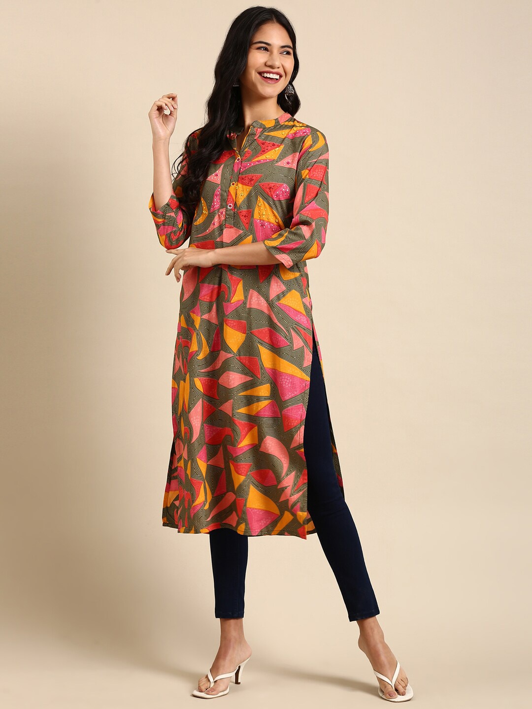 

SHOWOFF Women Pink & Yellow Printed Kurta