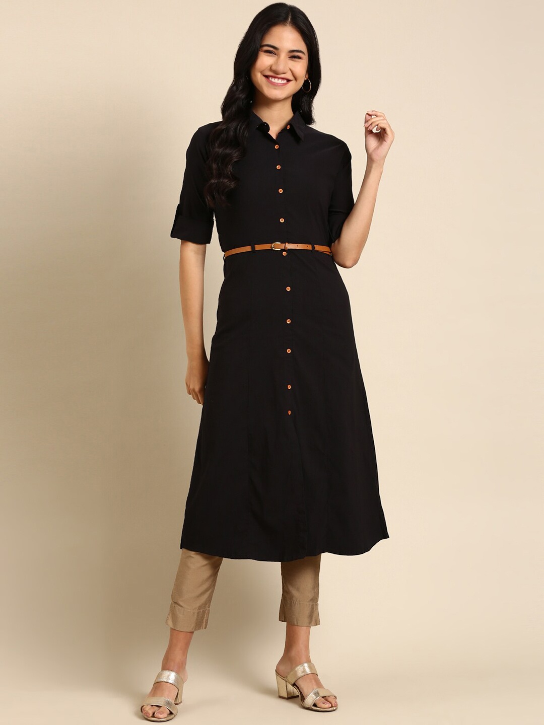 

SHOWOFF Women Black Solid Belted Detail Kurta