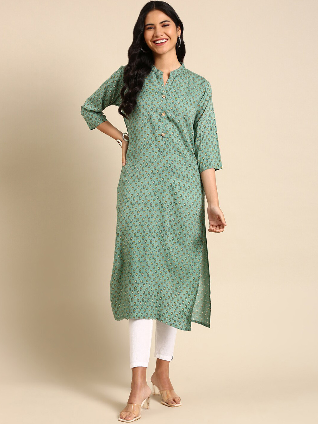 

SHOWOFF Ethnic Motifs Printed Chanderi Cotton Kurta, Green