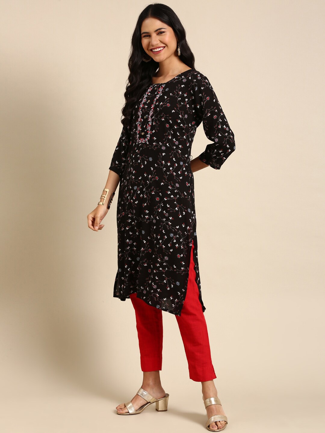 

SHOWOFF Floral Printed Cotton Kurta, Black