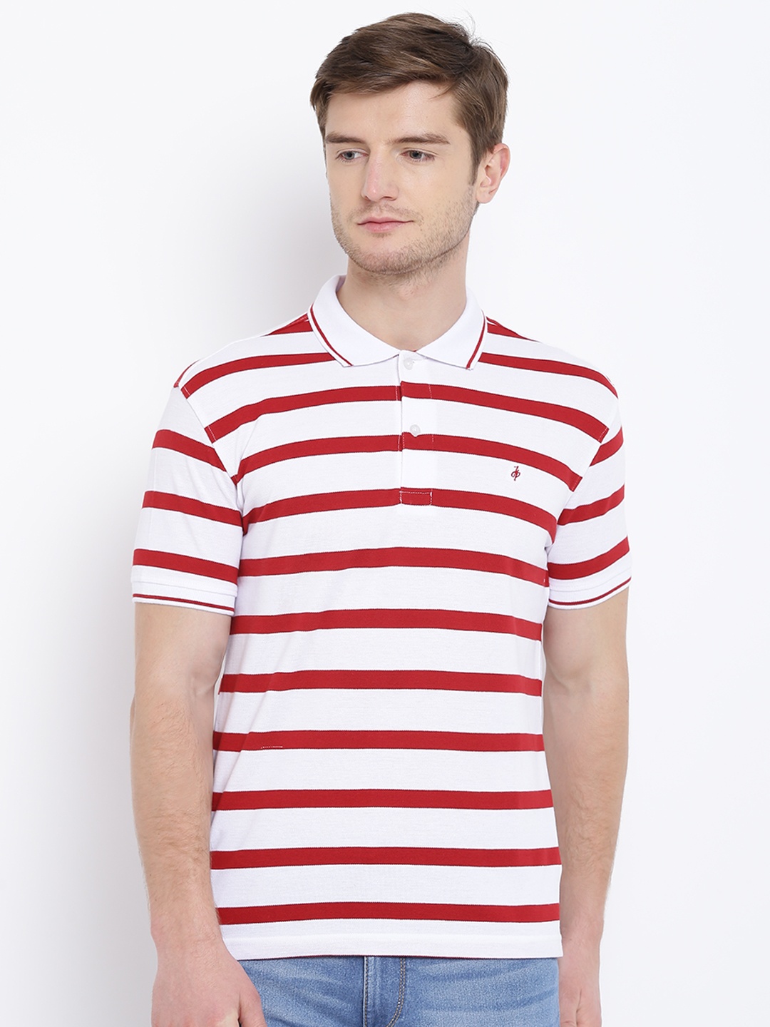 

John Players Men Red & White Striped Polo Collar T-shirt