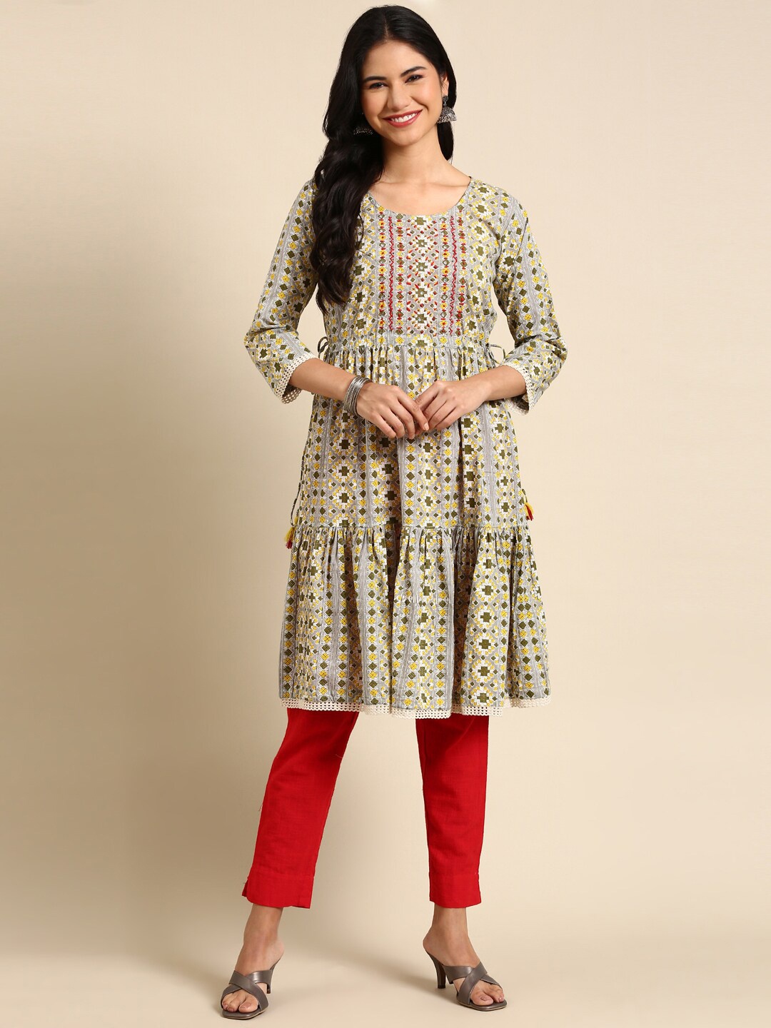 

SHOWOFF Geometric Printed Cotton Kurta, Grey