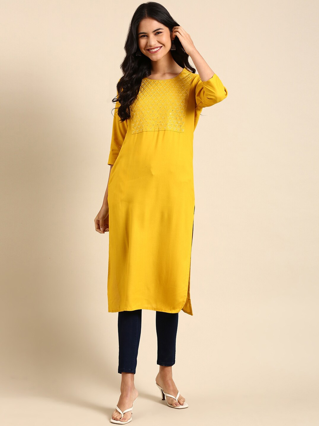 

SHOWOFF Sequined Straight Regular Kurta, Yellow