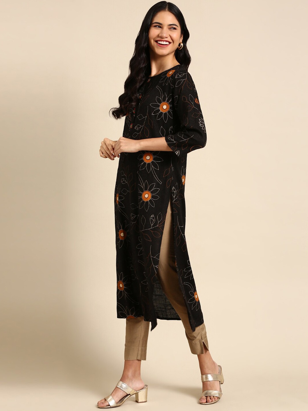 

SHOWOFF Floral Printed Cotton Kurta, Black