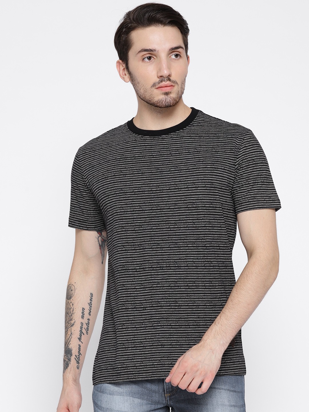 

John Players Men Black & Off-White Striped Round Neck T-shirt