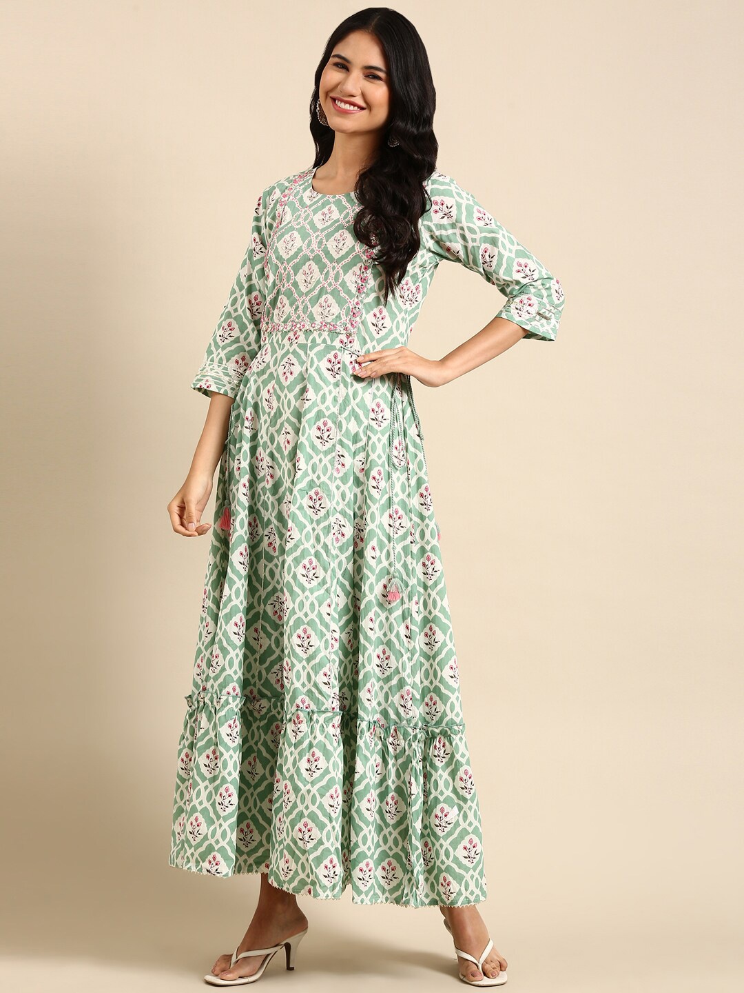 

SHOWOFF Floral Printed Cotton Anarkali Kurta, Sea green