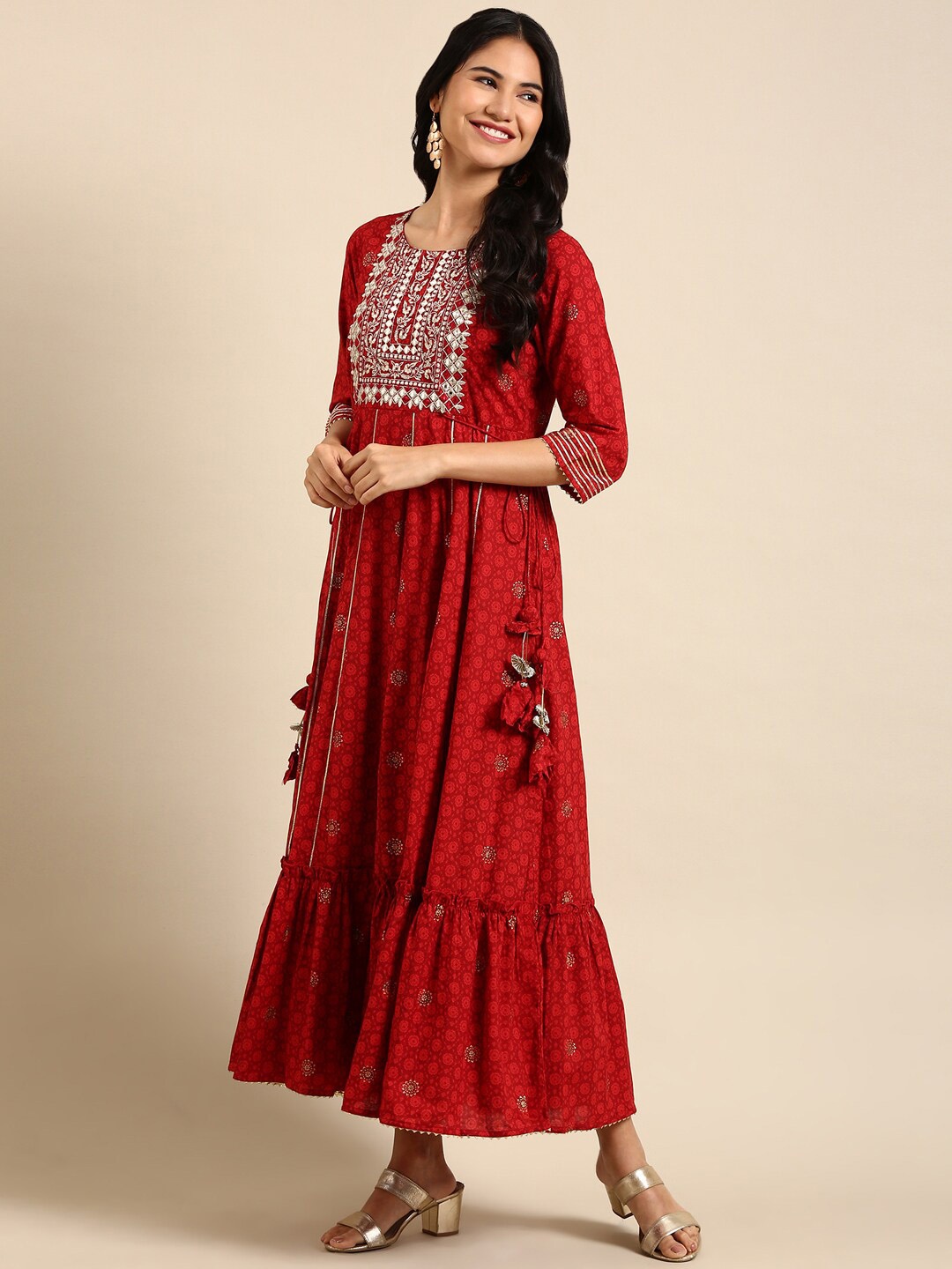 

SHOWOFF Floral Printed Thread Work Chanderi Cotton Anarkali Kurta, Red