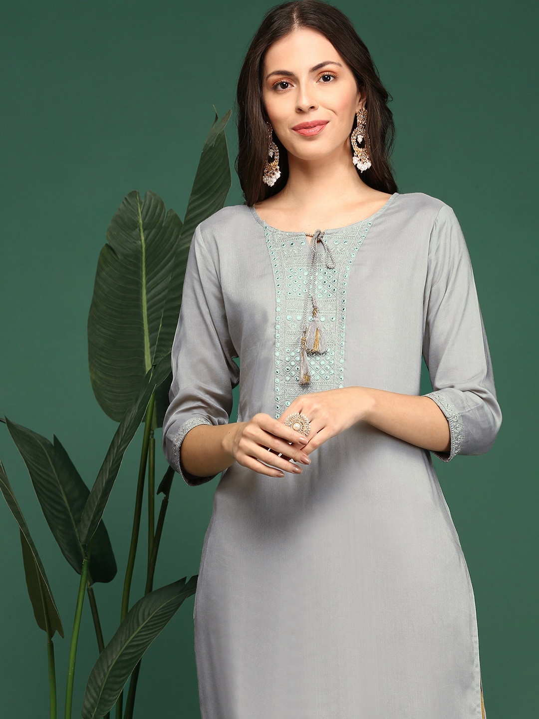 

SHOWOFF Mirror Work Art Silk Kurta, Grey