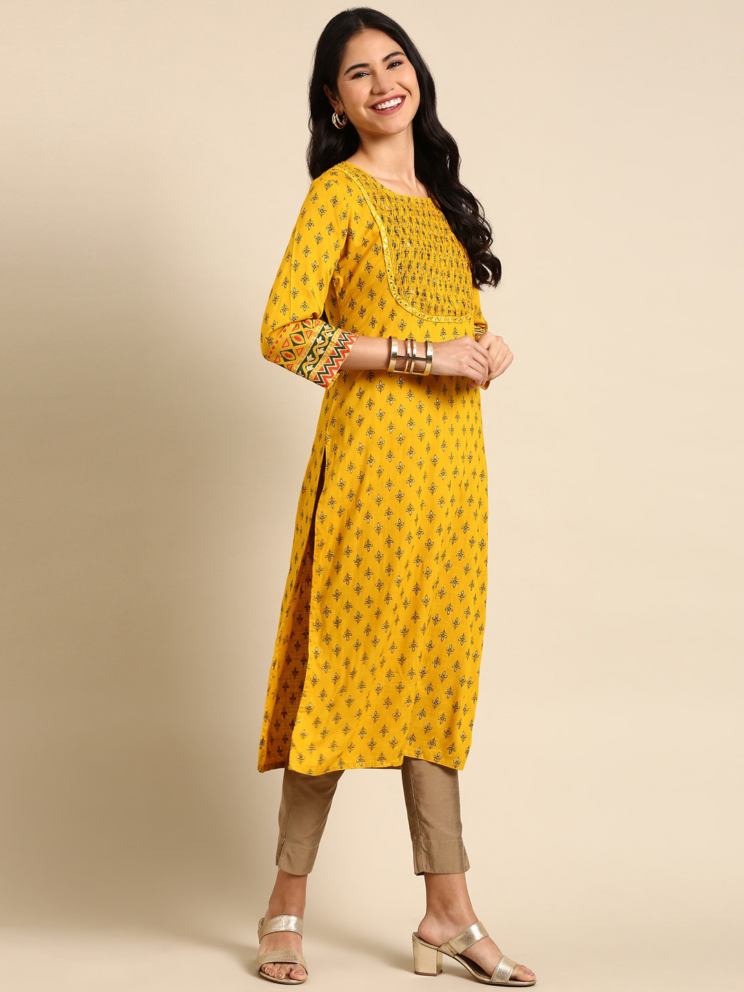 

SHOWOFF Floral Printed Straight Cotton Kurta, Mustard