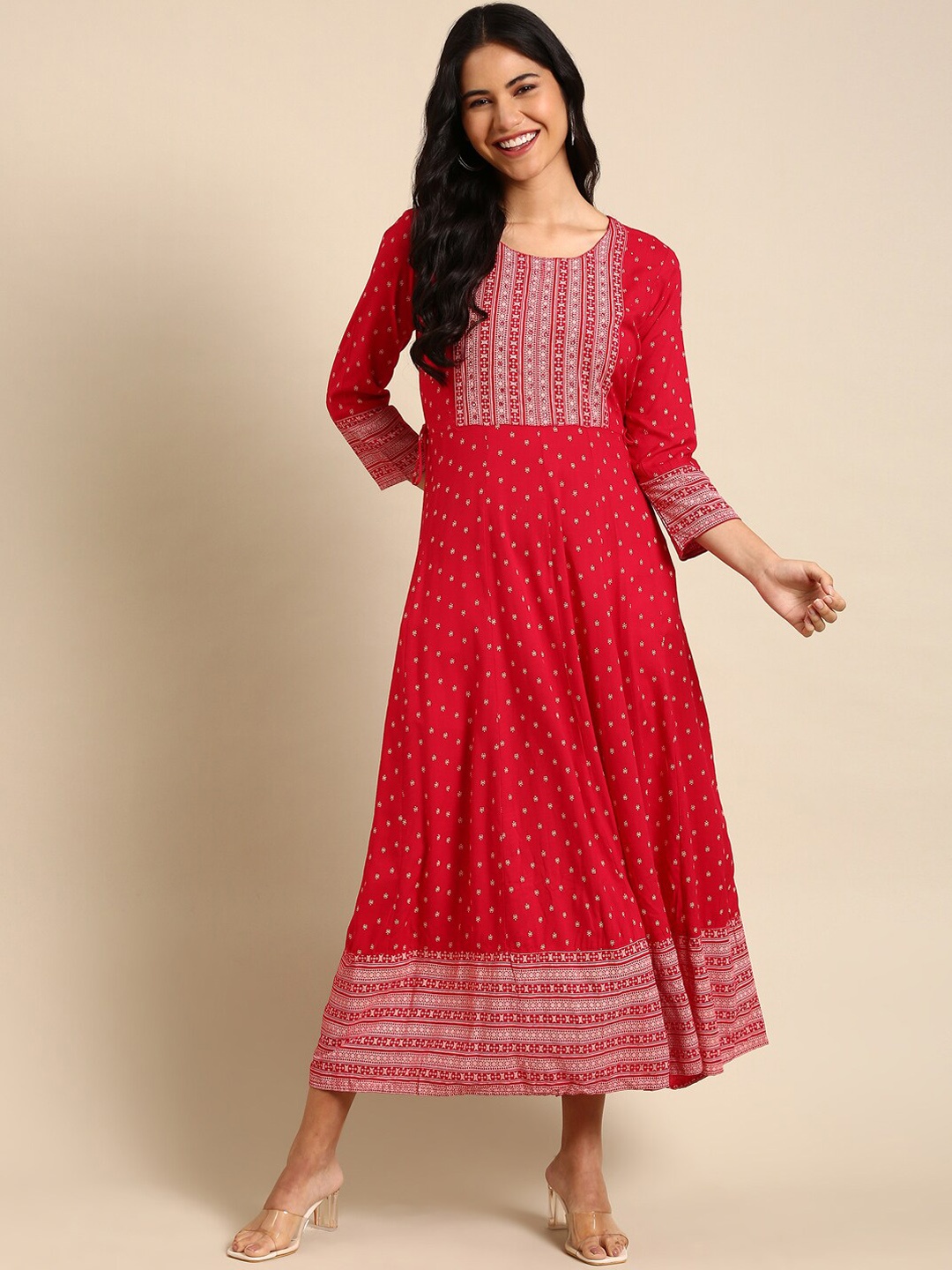 

SHOWOFF Geometric Printed Mirror Work Chanderi Cotton Kurta, Magenta