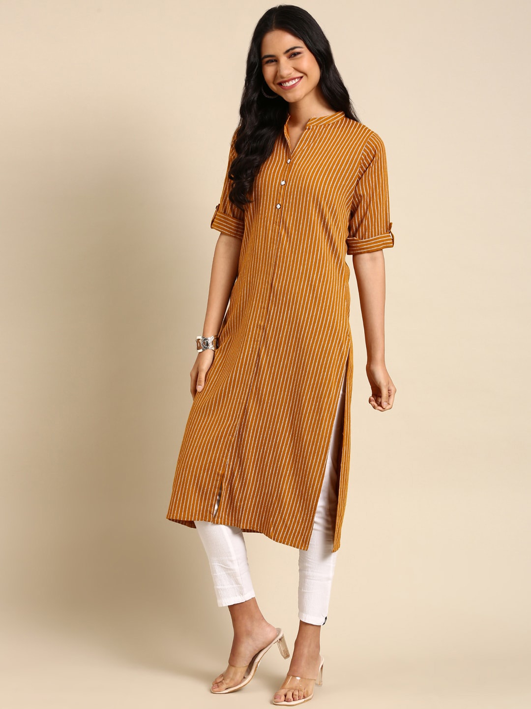 

SHOWOFF Chanderi Cotton Striped Kurta, Mustard