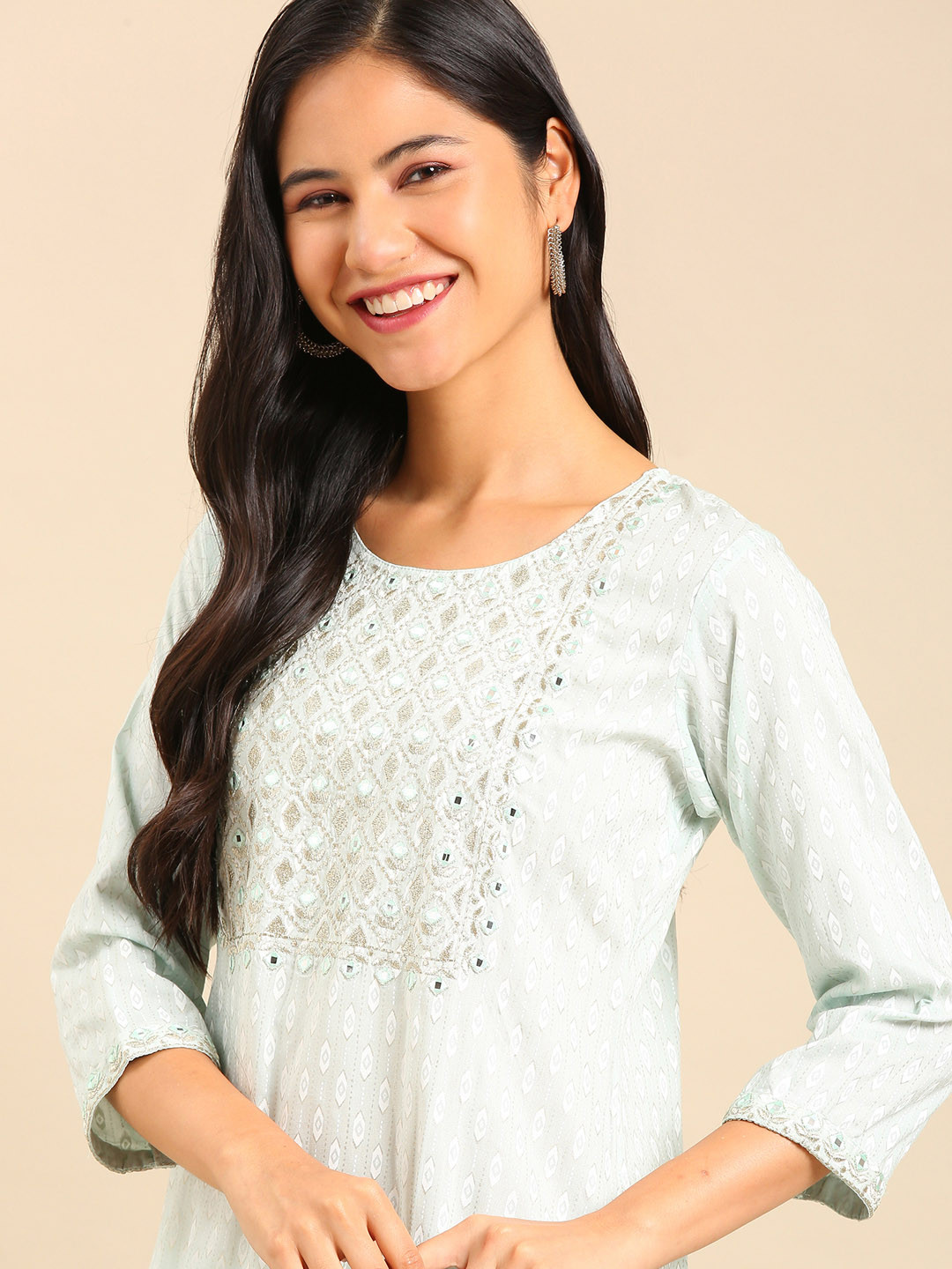 

SHOWOFF Printed Mirror Work Cotton Kurta, Sea green