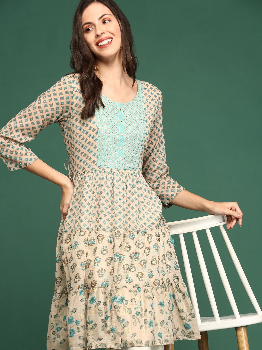 

SHOWOFF Women Beige & Turquoise Blue Ethnic Motifs Printed Cotton Thread Work Kurta