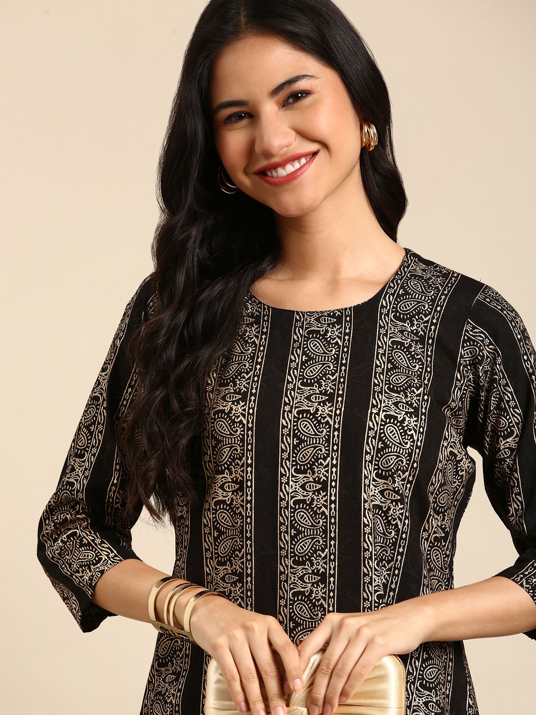 

SHOWOFF Paisley Printed Cotton Kurta, Black