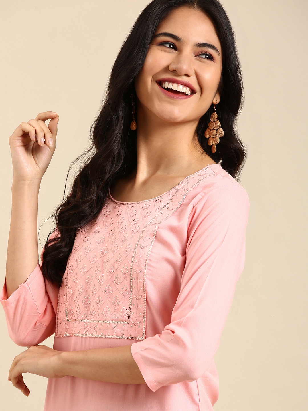 

SHOWOFF Yoke Design Indigo Sequins A-Line Regular Kurta, Peach