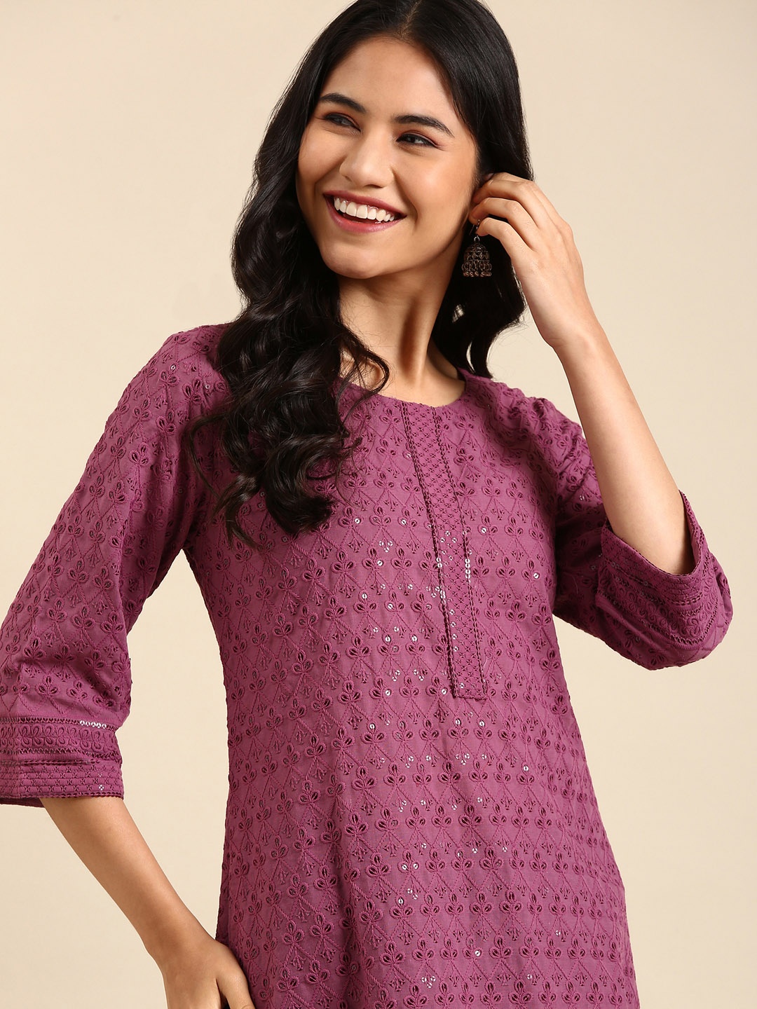 

SHOWOFF Woven Design Embellished Chikankari Cotton Kurta, Purple