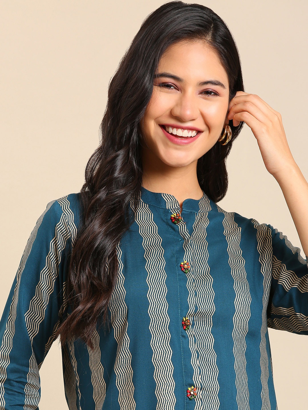 

SHOWOFF Mandarin Collar Striped Cotton Kurta, Teal