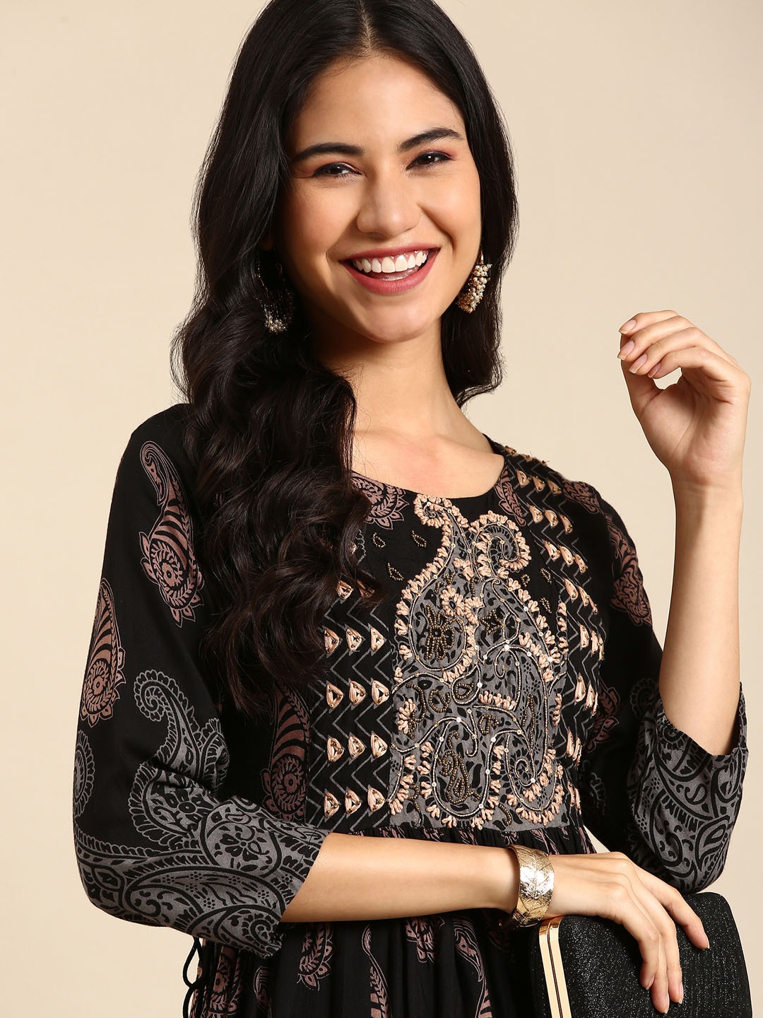 

SHOWOFF Paisley Block Print Kurta, Black