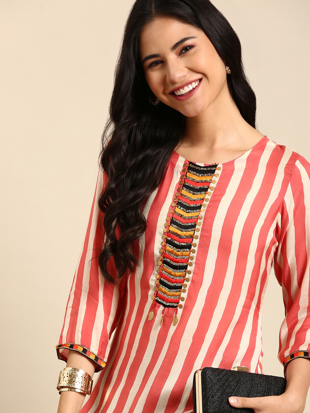 

SHOWOFF Striped Cotton Kurta, Coral