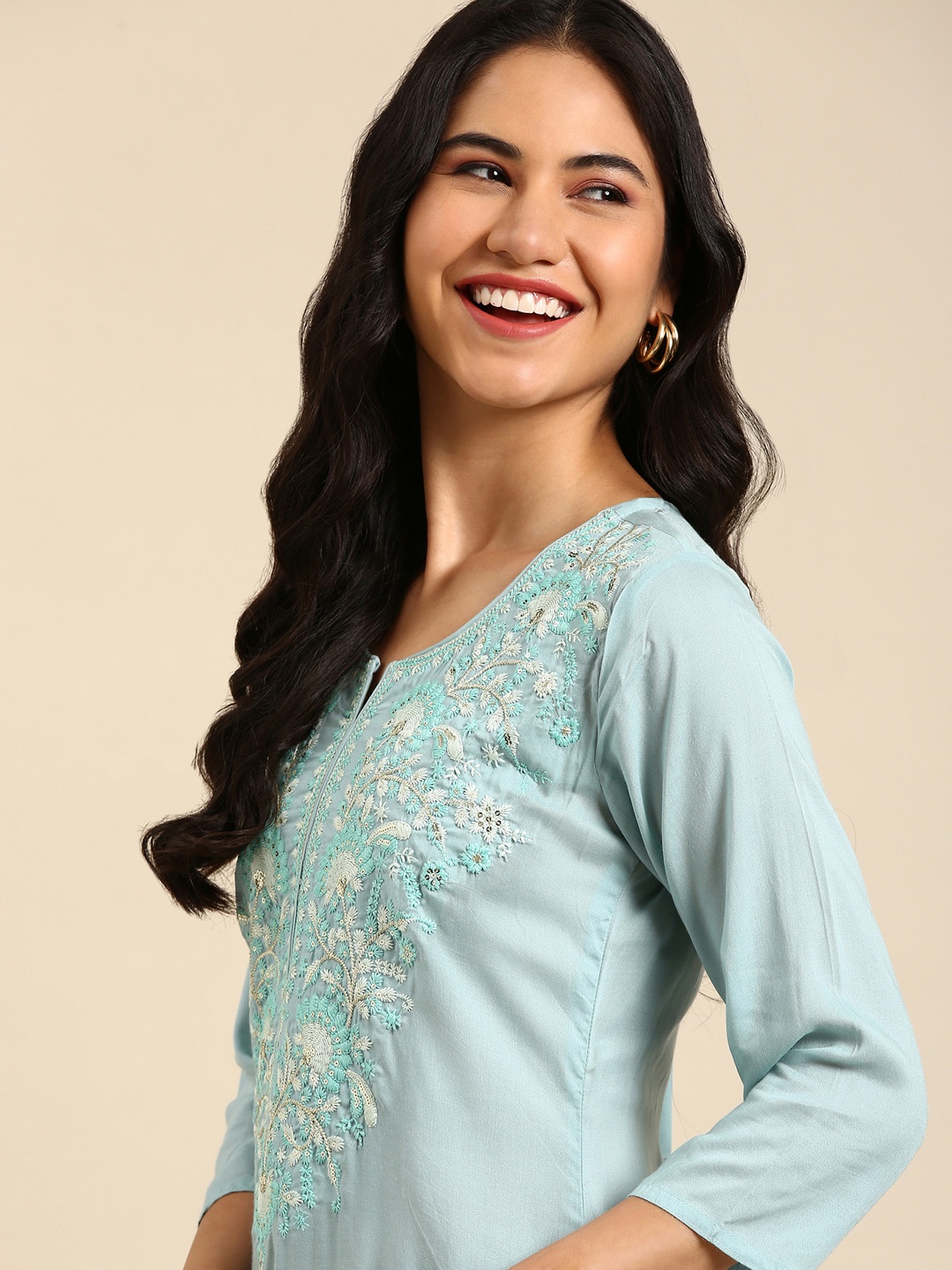 

SHOWOFF Blue Yoke Design Gotta Patti Chanderi Silk Kurta