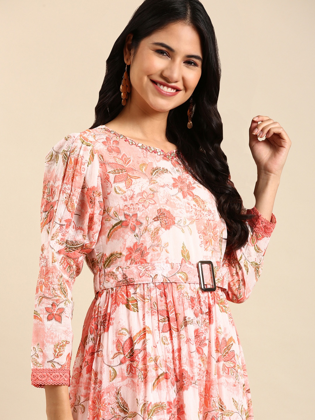 

SHOWOFF Floral Printed Belted Detail Anarkali Kurta, Peach