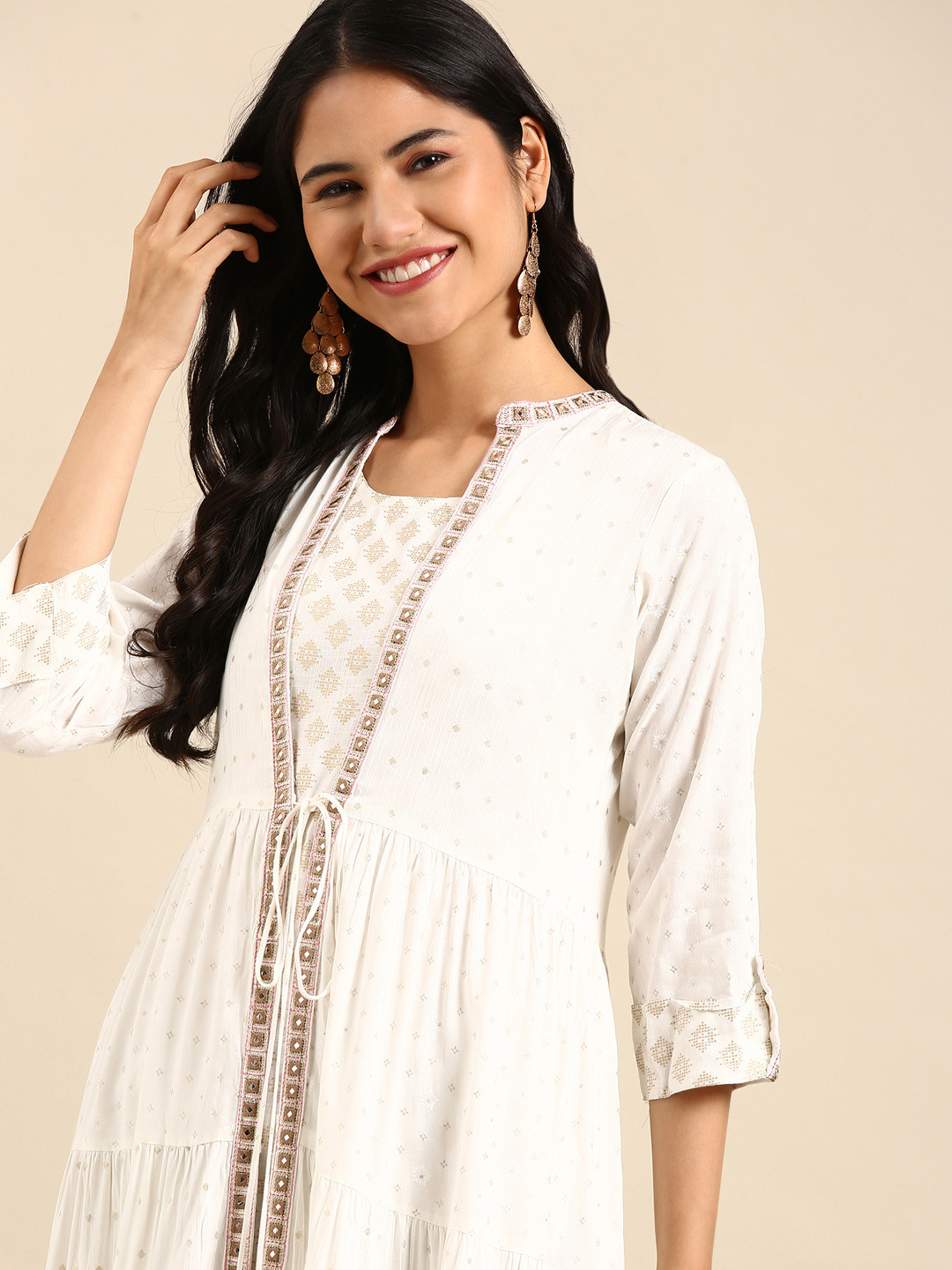 

SHOWOFF Floral Mirror Work Anarkali Chanderi Cotton Kurta, Off white