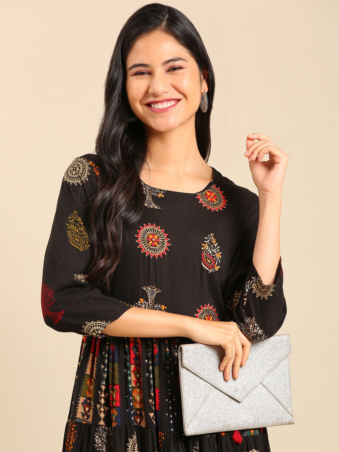 

SHOWOFF Ethnic Motifs Printed Cotton Anarkali Kurta, Black