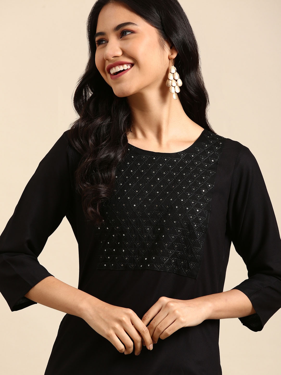 

SHOWOFF Round Neck Embellished Yoke Design Dupion Silk Kurta, Black