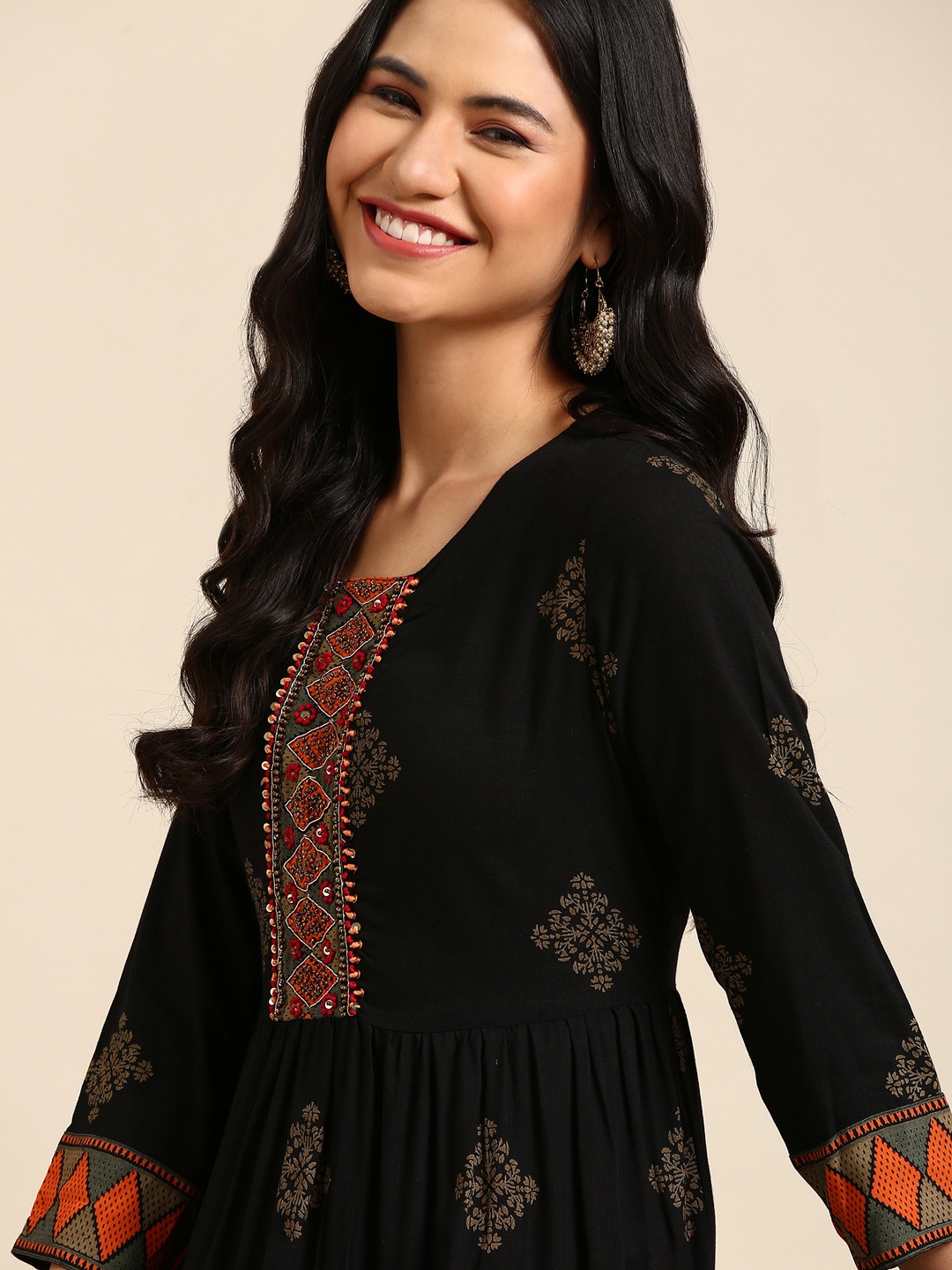 

SHOWOFF Ethnic Motifs Printed Cotton Kurta, Black