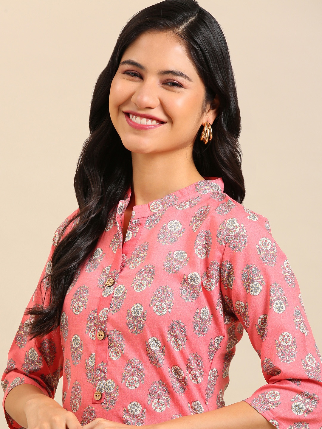 

SHOWOFF Women Pink & Grey Floral Printed Pastels Chanderi Silk Kurta