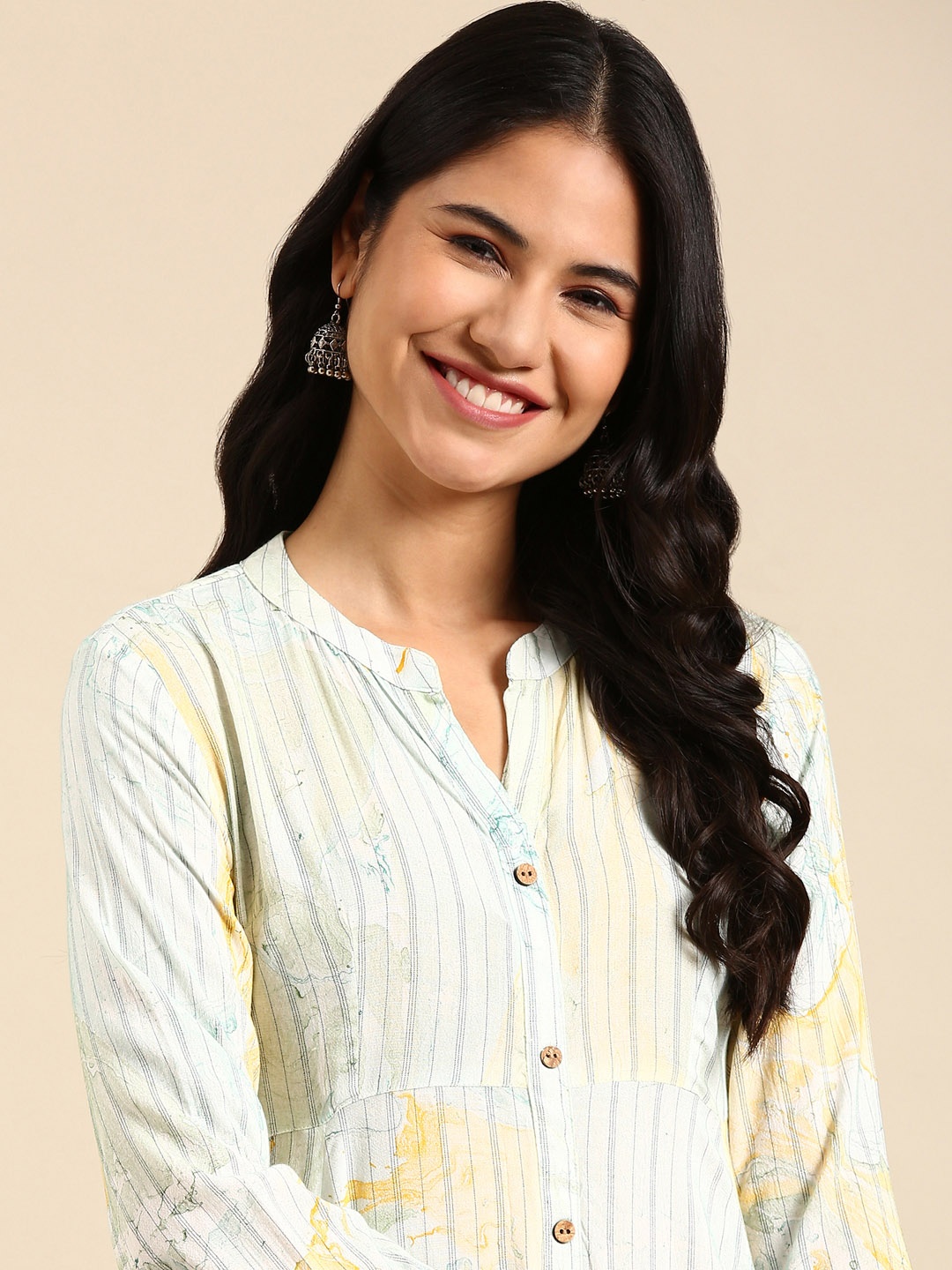 

SHOWOFF Mandarin Collar Striped Kurta, Sea green