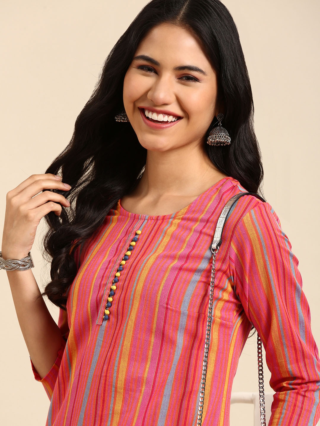 

SHOWOFF Women Pink & Blue Striped Cotton Kurta