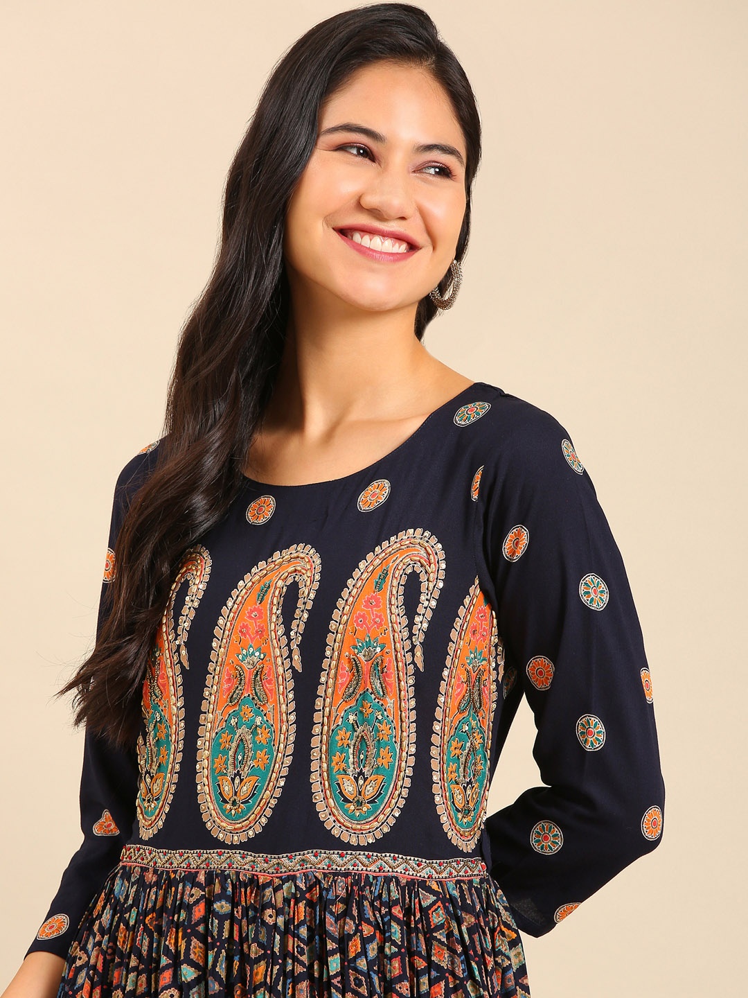 

SHOWOFF Ethnic Motifs Printed Cotton Anarkali Kurta, Navy blue