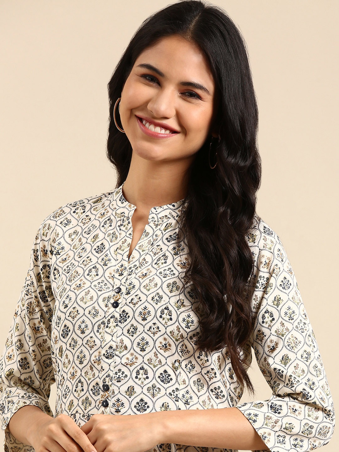 

SHOWOFF Ethnic Motifs Printed Cotton Silk Kurta, Cream