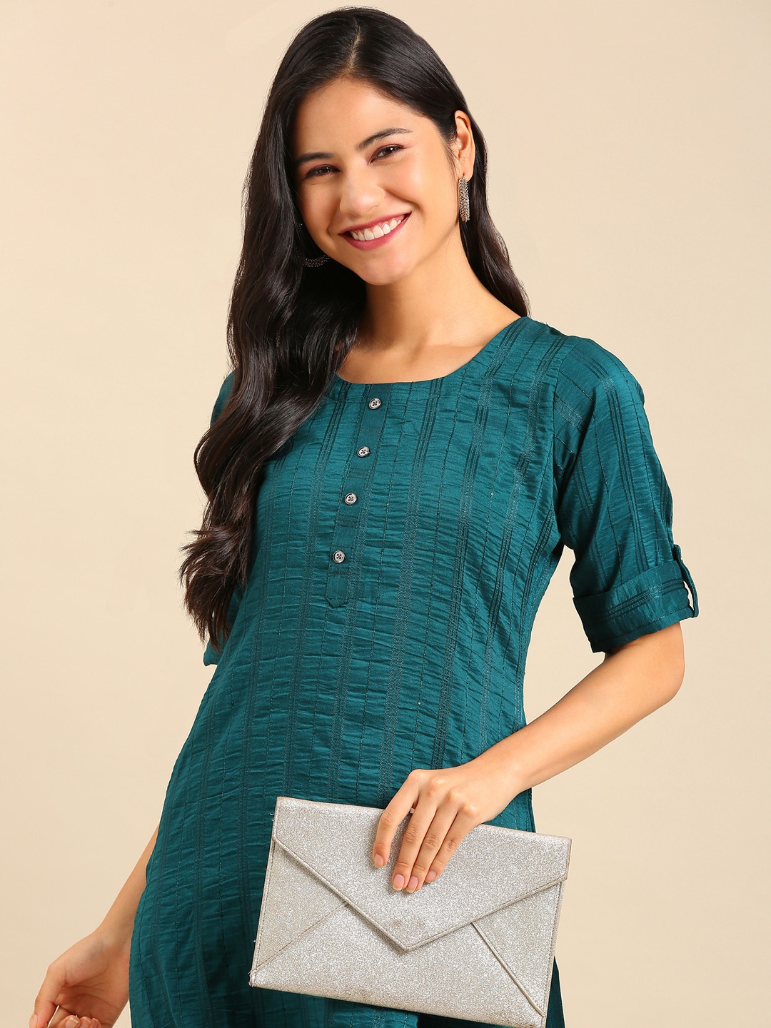 

SHOWOFF Women Teal Green Embellished Kurta