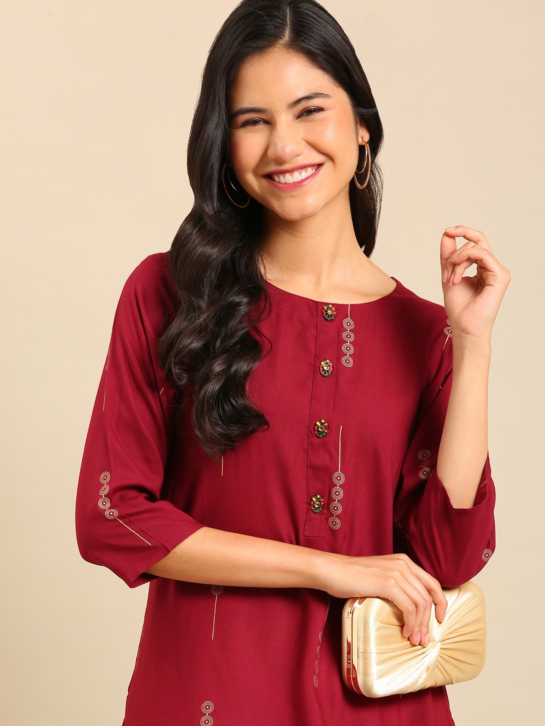 

SHOWOFF Geometric Printed Cotton Silk Kurta, Maroon