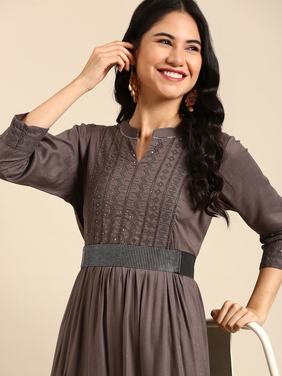 

SHOWOFF Women Grey Geometric Embroidered Ethnic Dresses