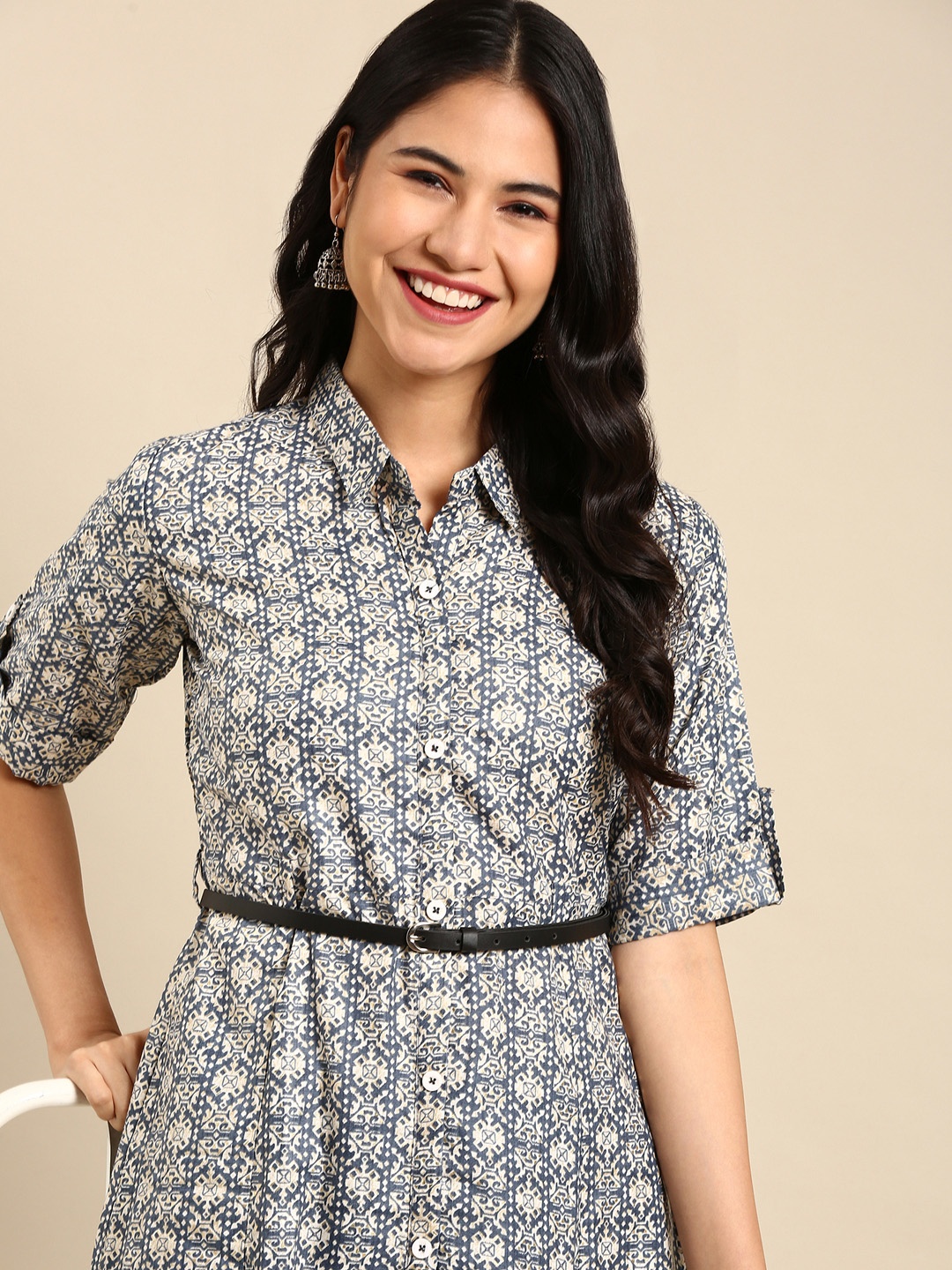 

SHOWOFF Ethnic Motifs Printed Belted Detail Kurta, Blue