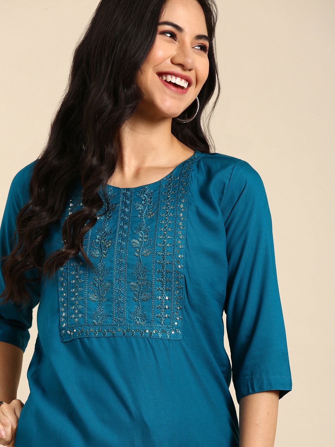

SHOWOFF Floral Yoke Design Indigo Kurta, Teal