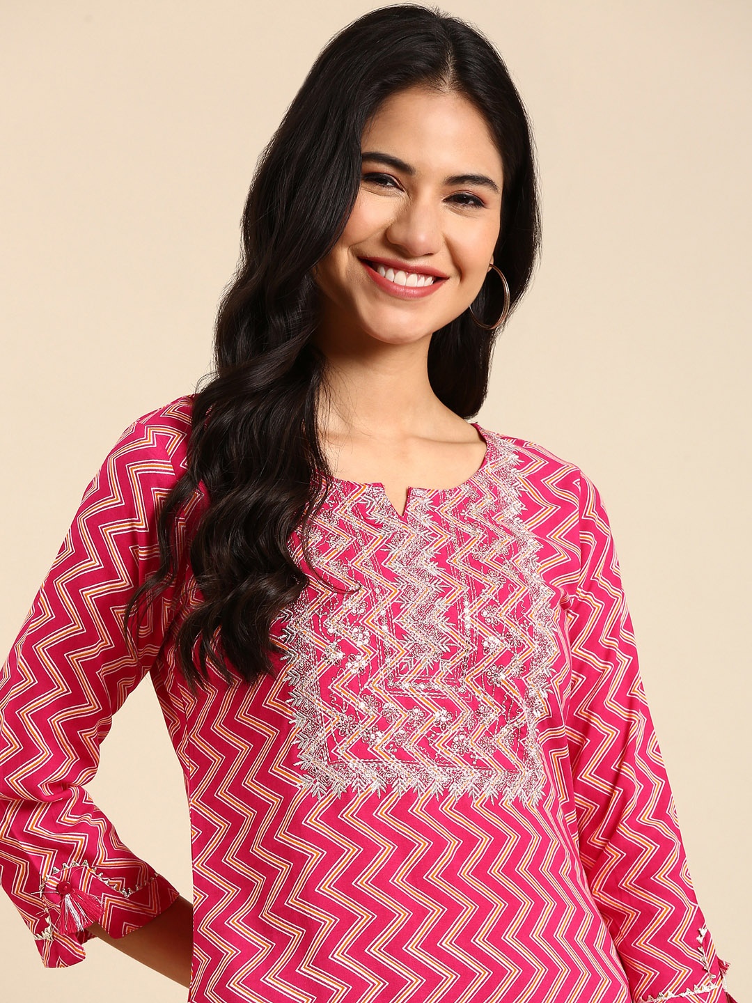 

SHOWOFF Chevron Printed Kurta, Pink