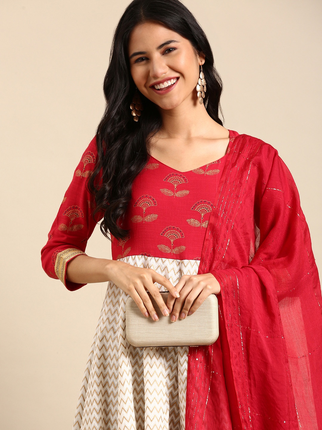 

SHOWOFF Chevron Printed Block Print Anarkali Kurta, Off white